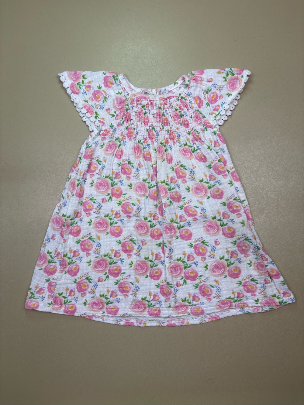 Mud Pie Floral Gauze Dress 12-18M Pink Rose Flutter Sleeve Cottagecore